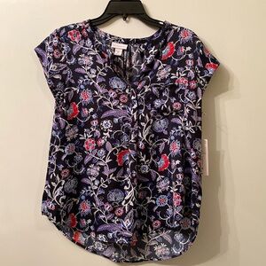 Ladies Blouse-navy Blue Multi Floral-Liz Claiborne-cap Sleeves NWT